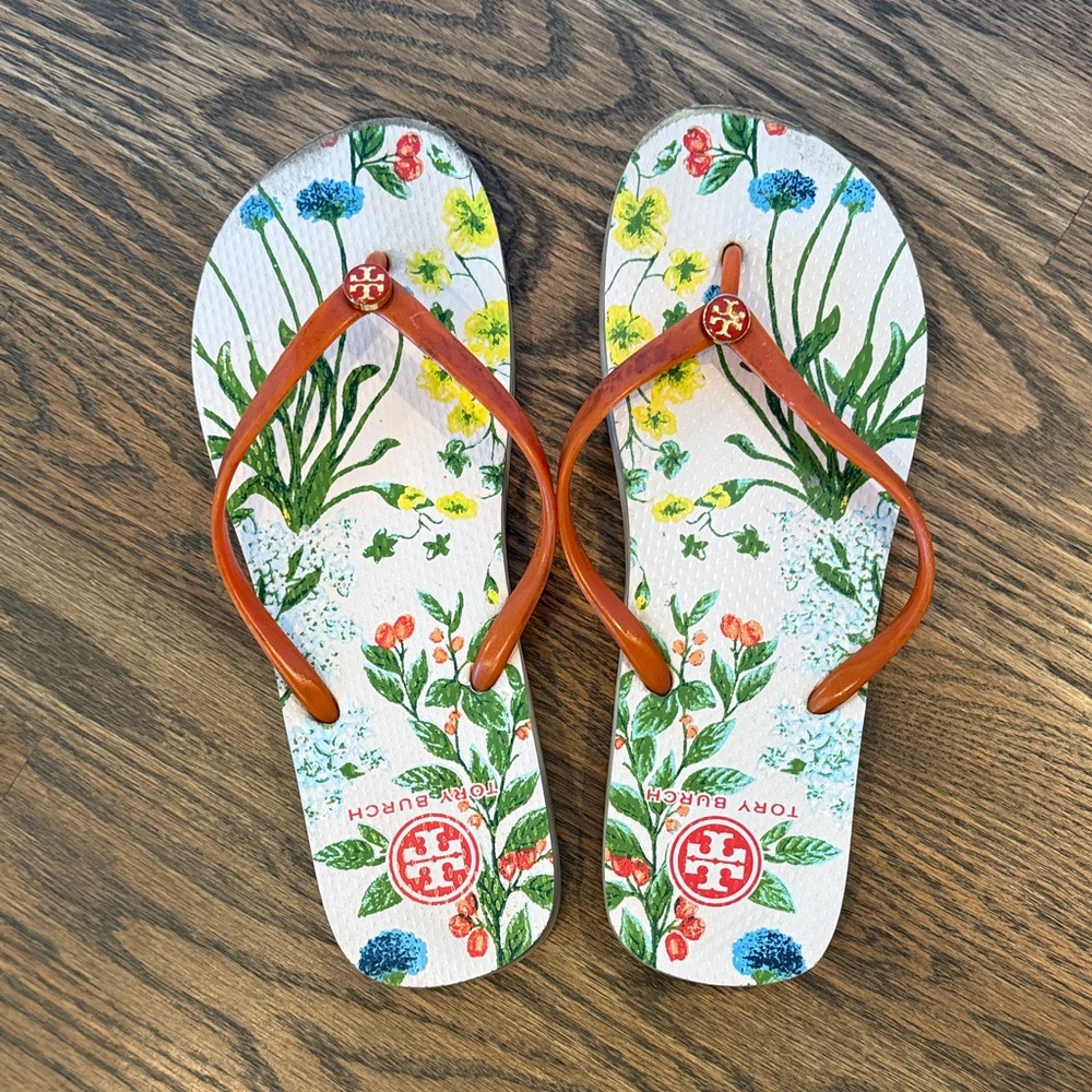 Tory Burch Floral Print Flip Flops with Orange Straps